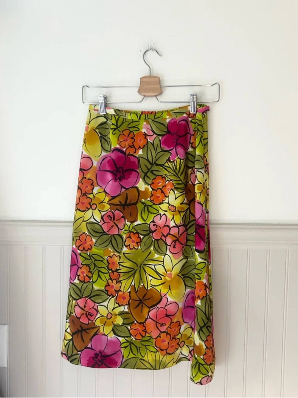 Laura Ashley 4 Petite 100% Silk Green Floral Midi Skirt Pink Orange Blooms - Picture 3 of 6